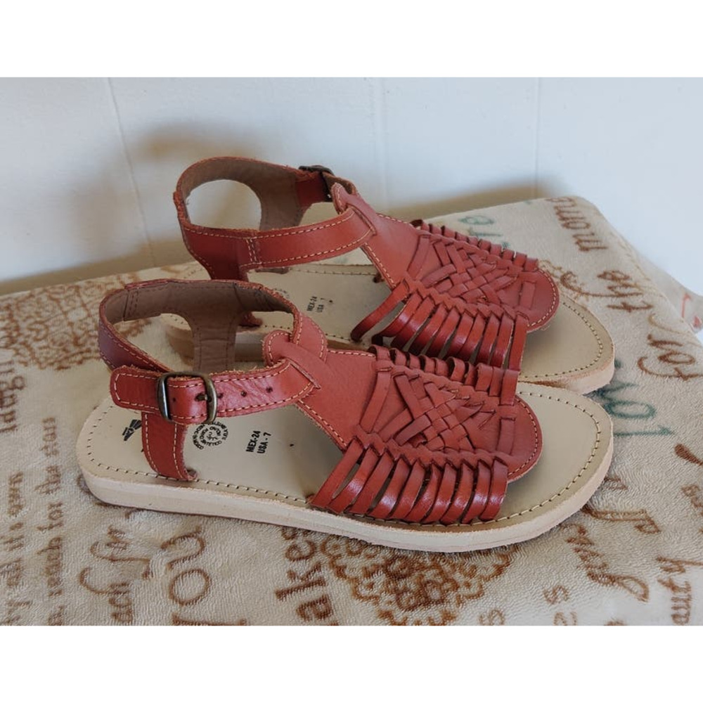 Mexican Huarache Women Genuine Leather Brown Flat Sandals Ethnic Buckle Sz 7M